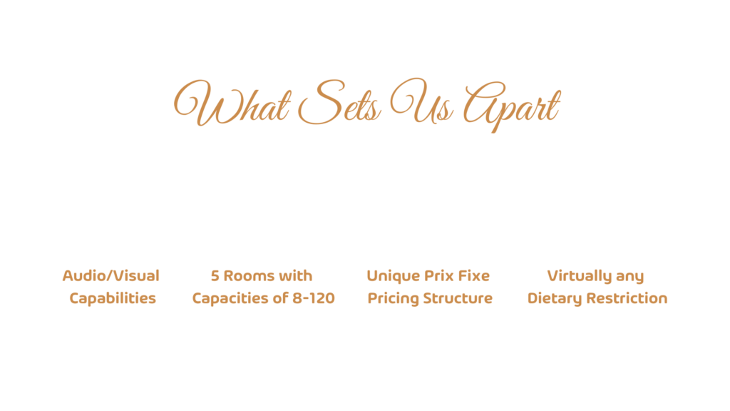 Audio/Visual Capabilities 5 Rooms with Capacities of 8-120 Unique Prix Fixe Pricing Structure Virtually any Dietary Restriction